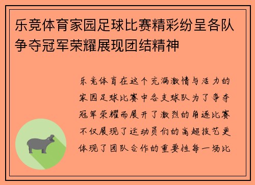 乐竞体育家园足球比赛精彩纷呈各队争夺冠军荣耀展现团结精神