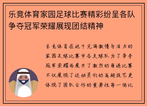 乐竞体育家园足球比赛精彩纷呈各队争夺冠军荣耀展现团结精神